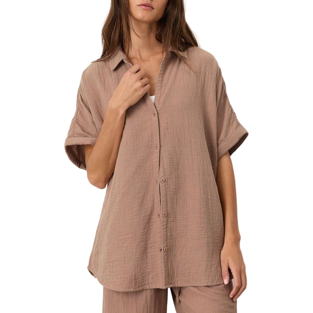 Pact Shirt Top Cotton Coastal Double Gauze Relaxed Button Front Brown M